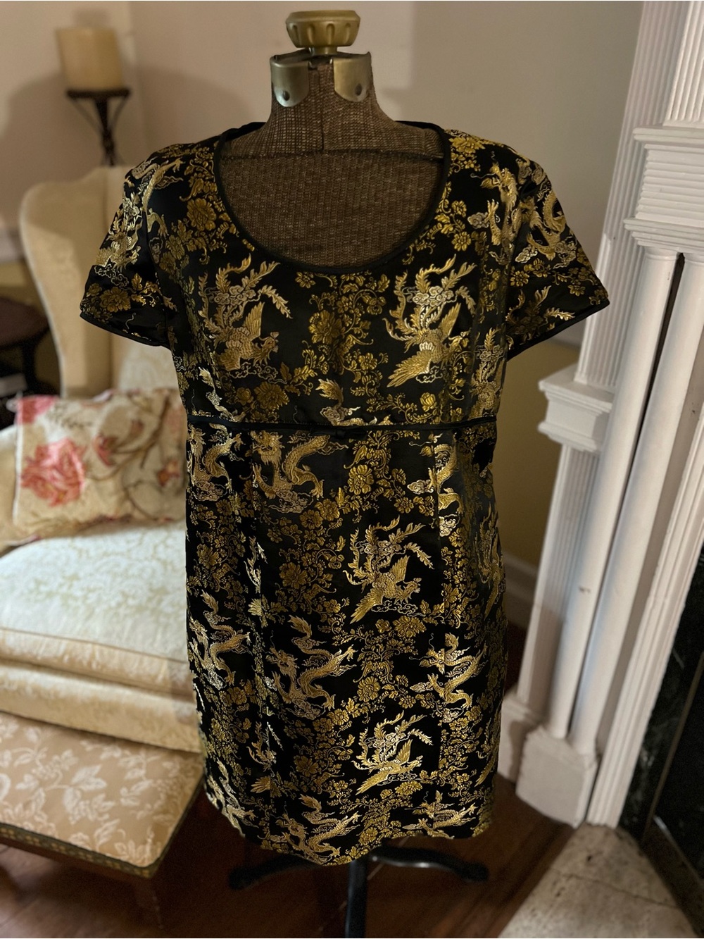 Black Gold Metallic Brocade Dragon Birds Cocktail Dress Vintage Mimi Maternity - Picture 4 of 12